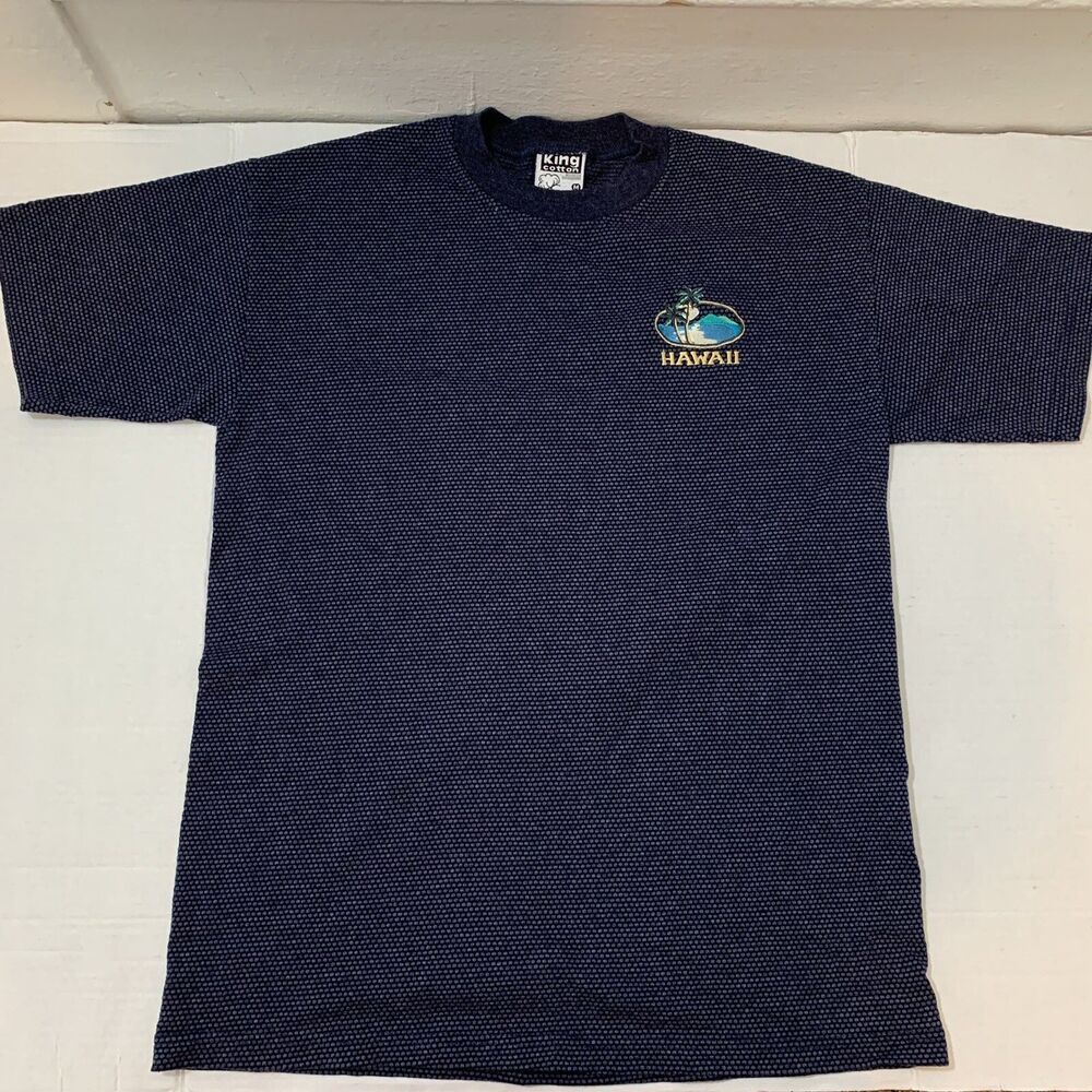 Vtg King Cotton Mens Medium T Shirt Hawaii Embroidery Blue Textured Short Sleeve